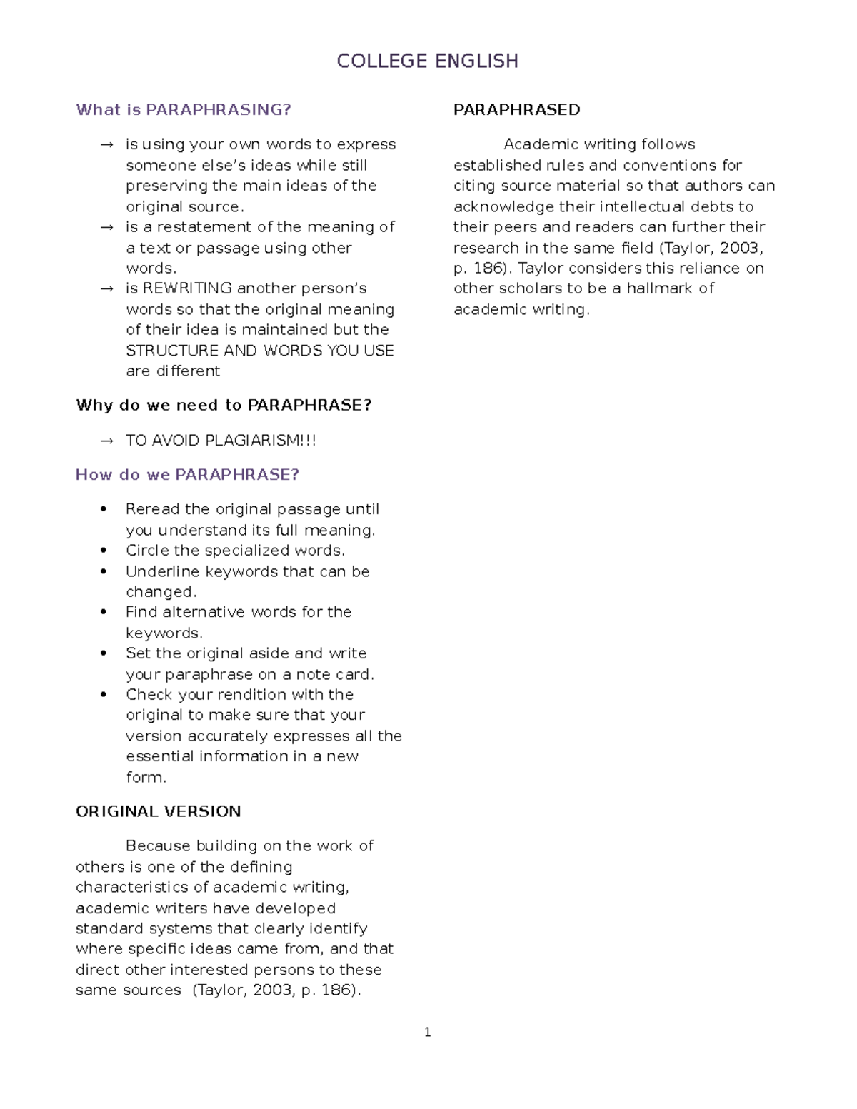 ENGLFinals Printed CCC What is PARAPHRASING? is using your own