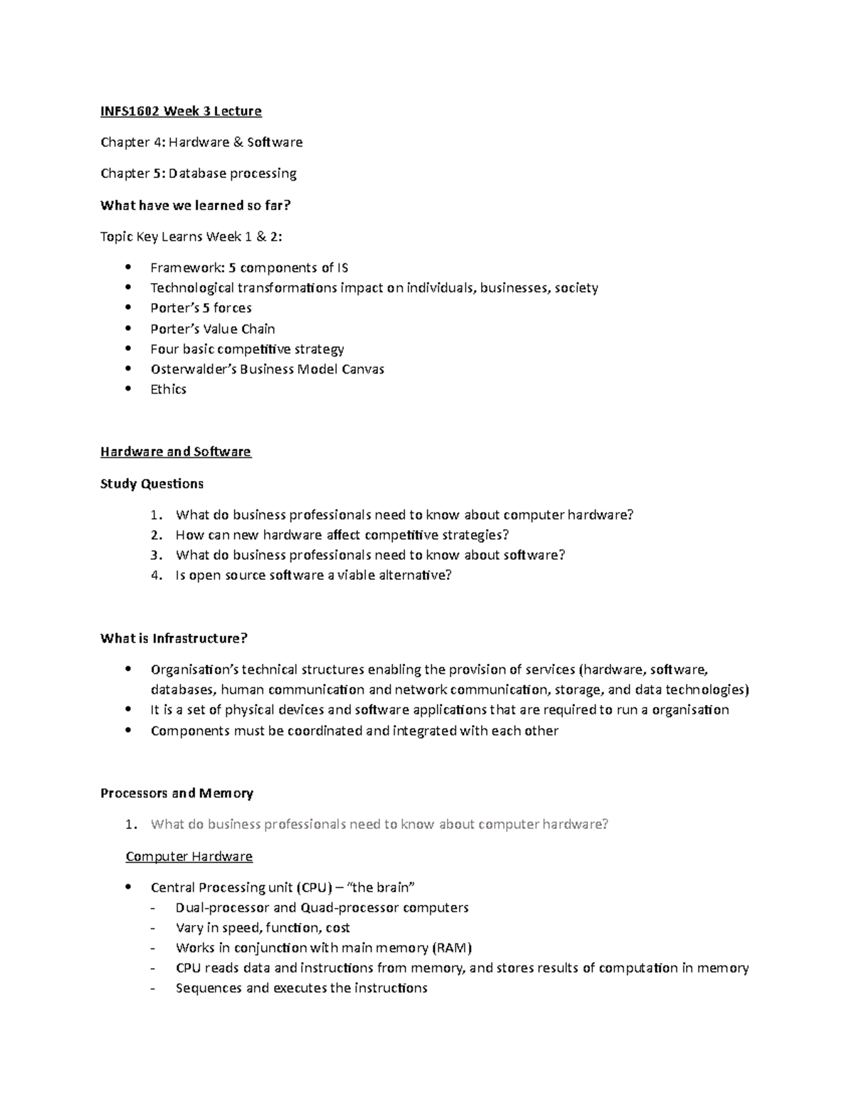 INFS1602 Week 3 Notes - INFS1602 Week 3 Lecture Chapter 4: Hardware ...