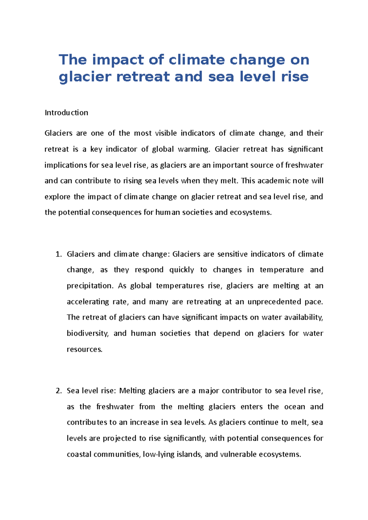 The impact of climate change on glacier retreat and sea level rise ...
