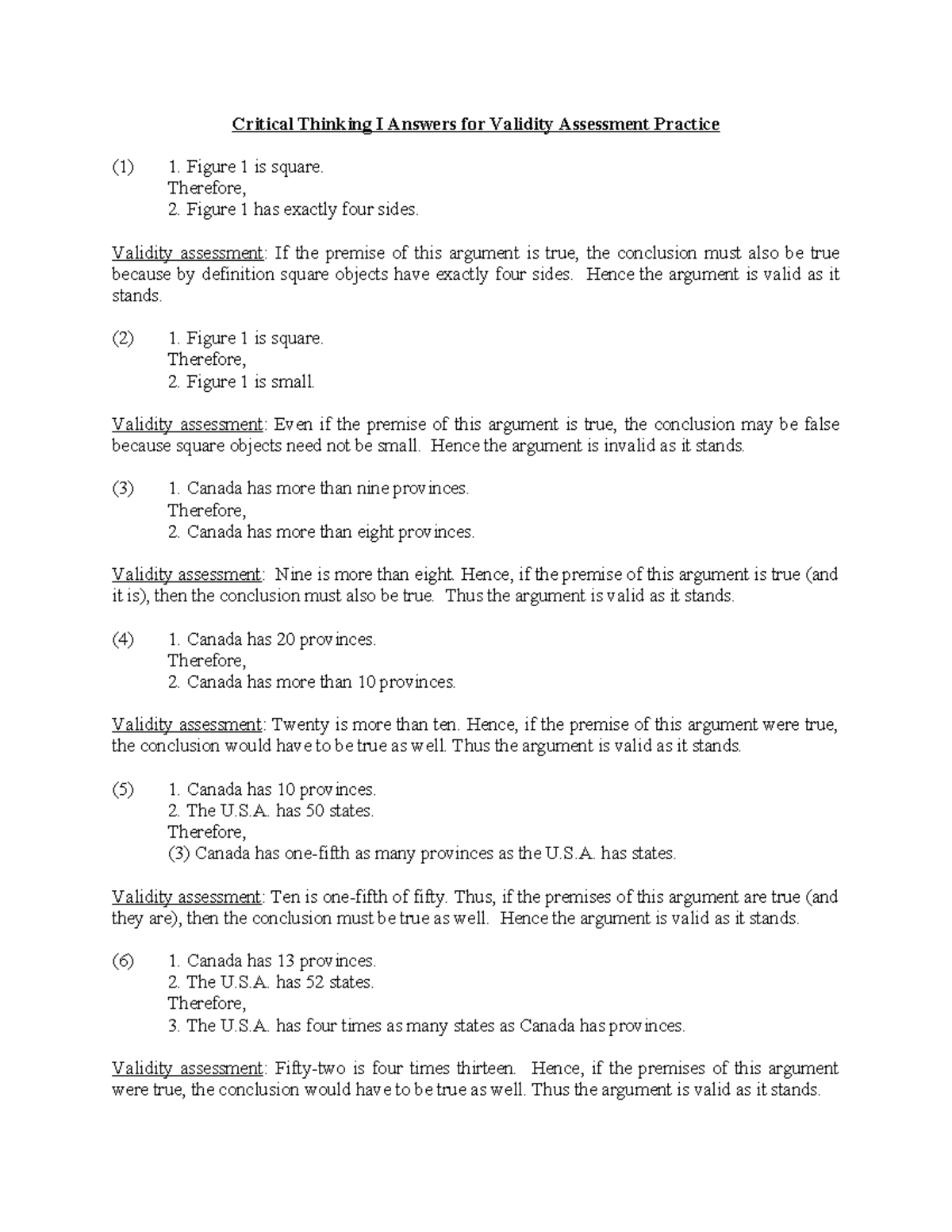 Validity Assessment Practice Answers - Critical Thinking I Answers for ...