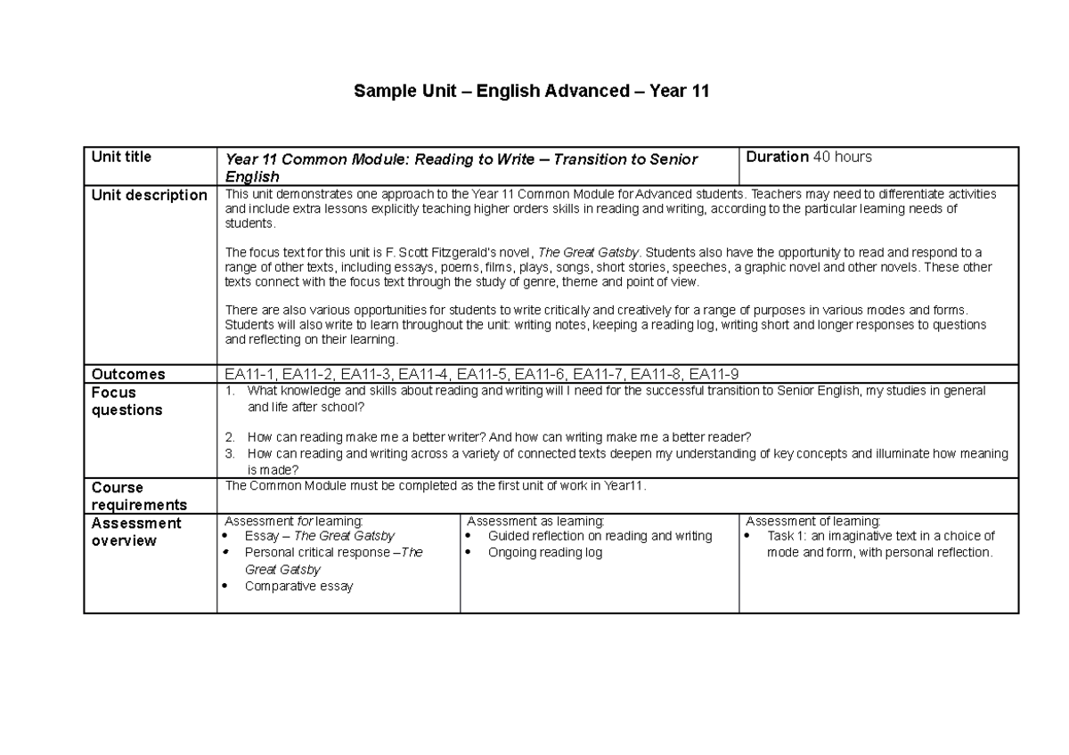 English Advanced Yr 11 Reading To Write Unit Sample Unit English 