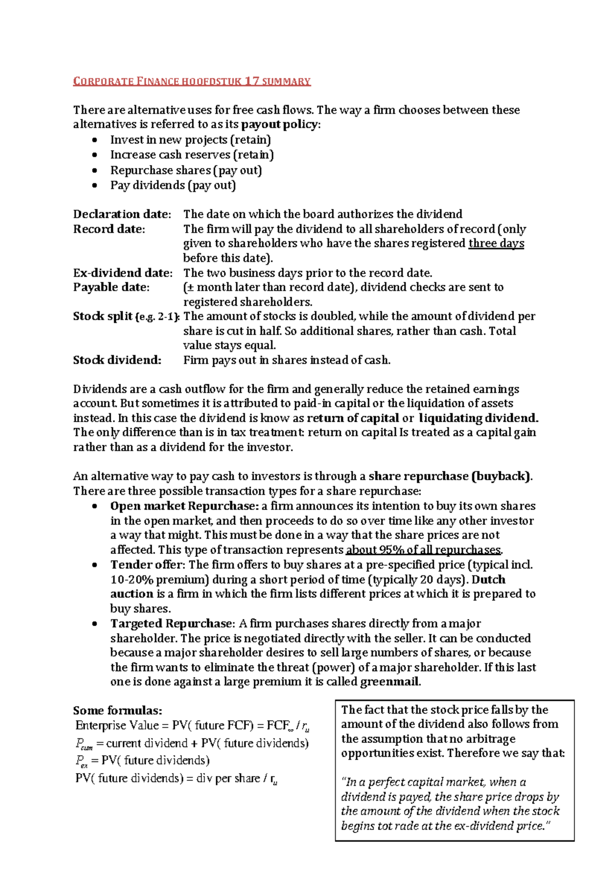 Summary Corporate Finance Chapter 17 19 23 24 2 Studeersnel