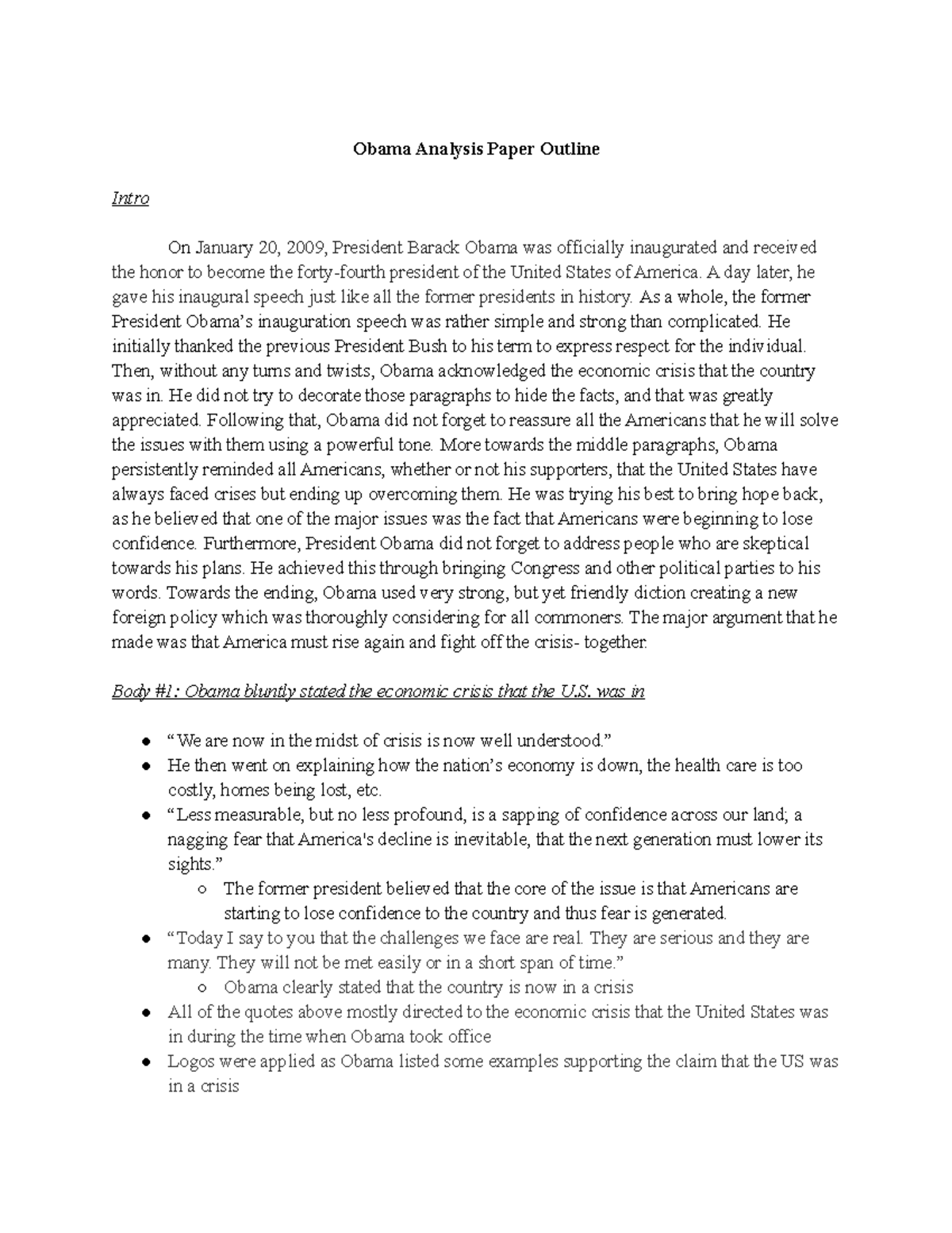 Obama Inaugural Outline - Obama Analysis Paper Outline Intro On January ...