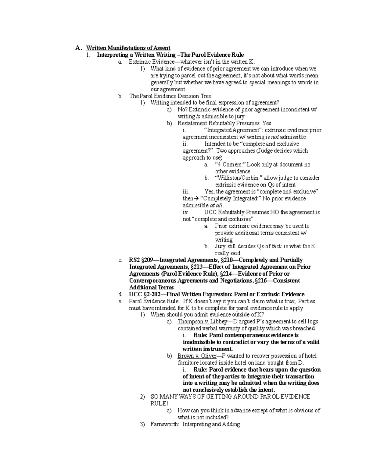 Contracts Law Outline 2 A. Written Manifestations of Assent