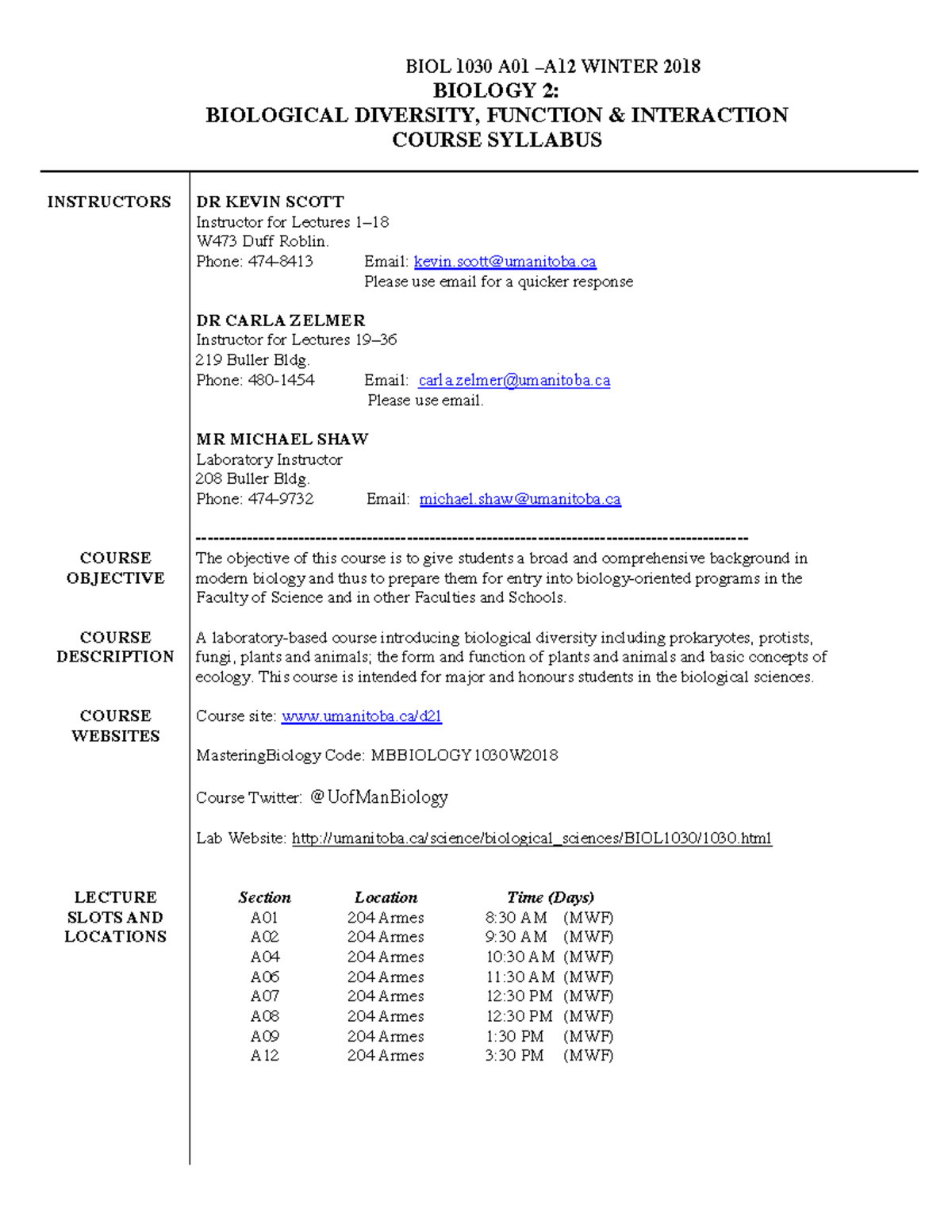 BIOL 1030 Syllabus–W18 - BIOL 1030 A01 –A12 WINTER 2018 BIOLOGY 2 ...