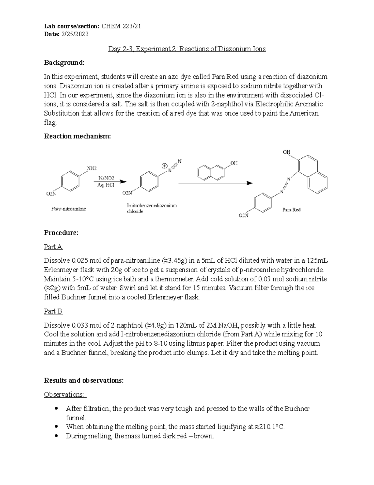 Lab 2 - Diazonium - Date: 2/25/ Day 2-3, Experiment 2: Reactions of ...