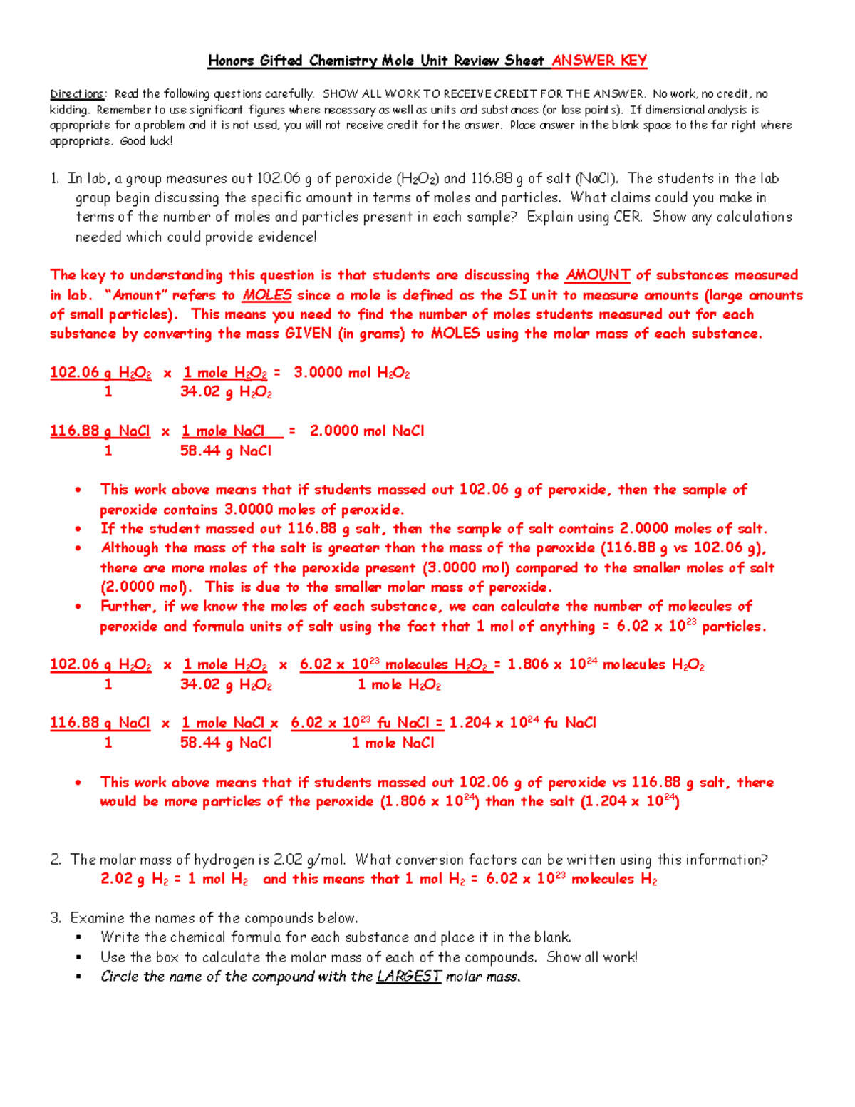 Mole review sheet GIF HON Honors Gifted Chemistry Mole Unit Review