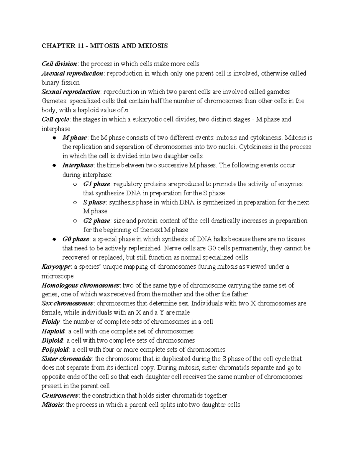BIOL1090 Launchpad Notes - CHAPTER 11 - MITOSIS AND MEIOSIS Cell ...