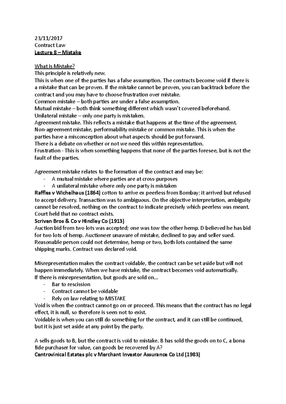 Lecture 8 - Mistake - First Class Notes - 23/11/ Contract Law Lecture 8 ...