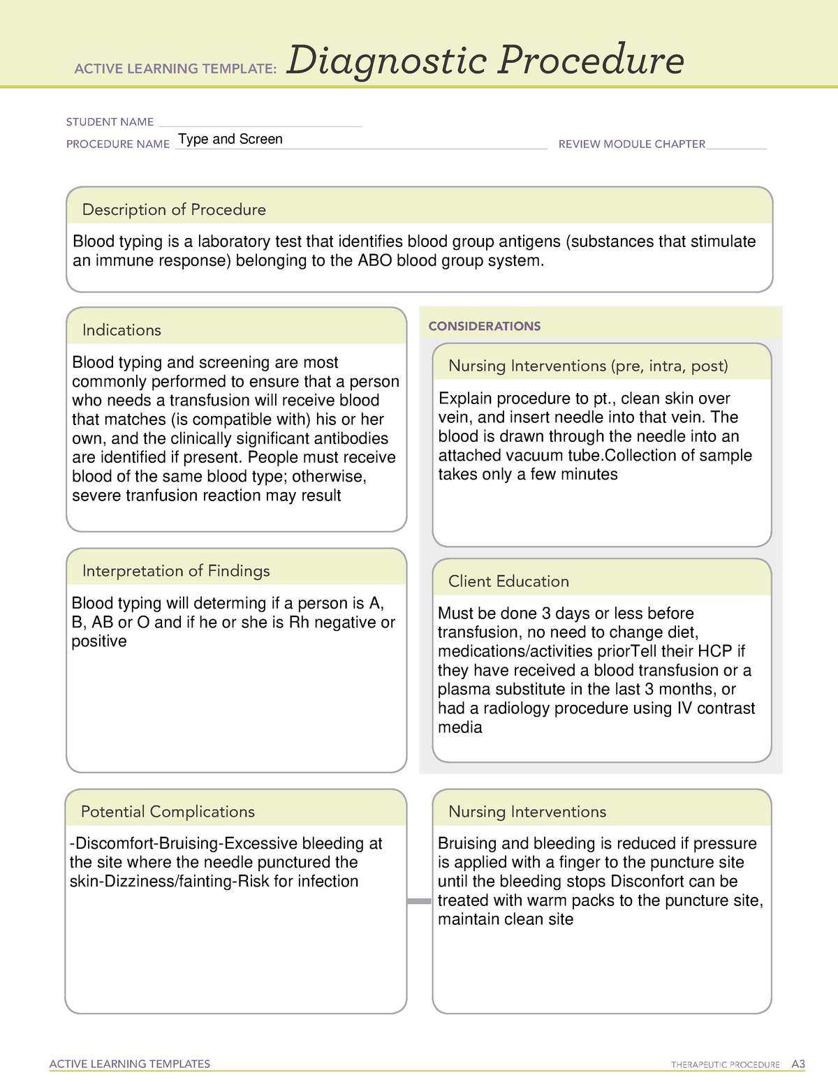 ATI Type and Screen Diagnostic Procedure Sheet ACTIVE LEARNING