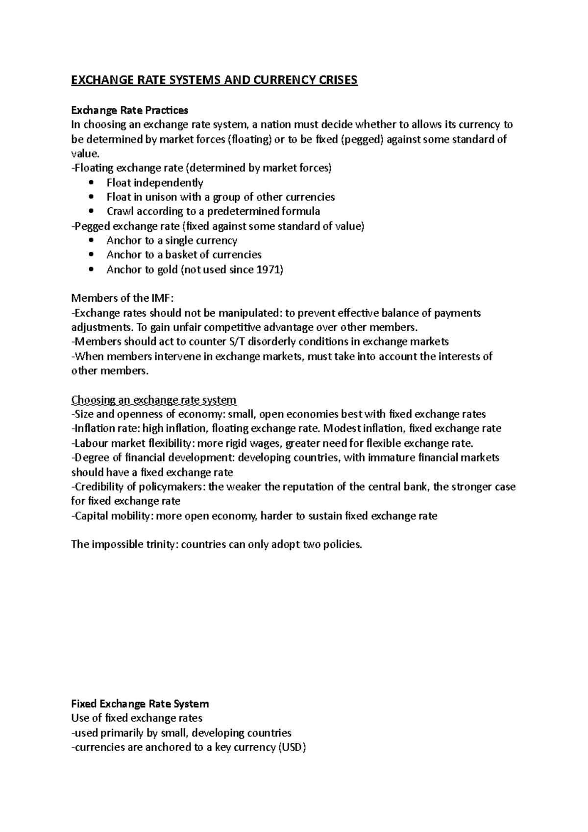 Exchange Rate Systems Notes - EXCHANGE RATE SYSTEMS AND CURRENCY CRISES ...