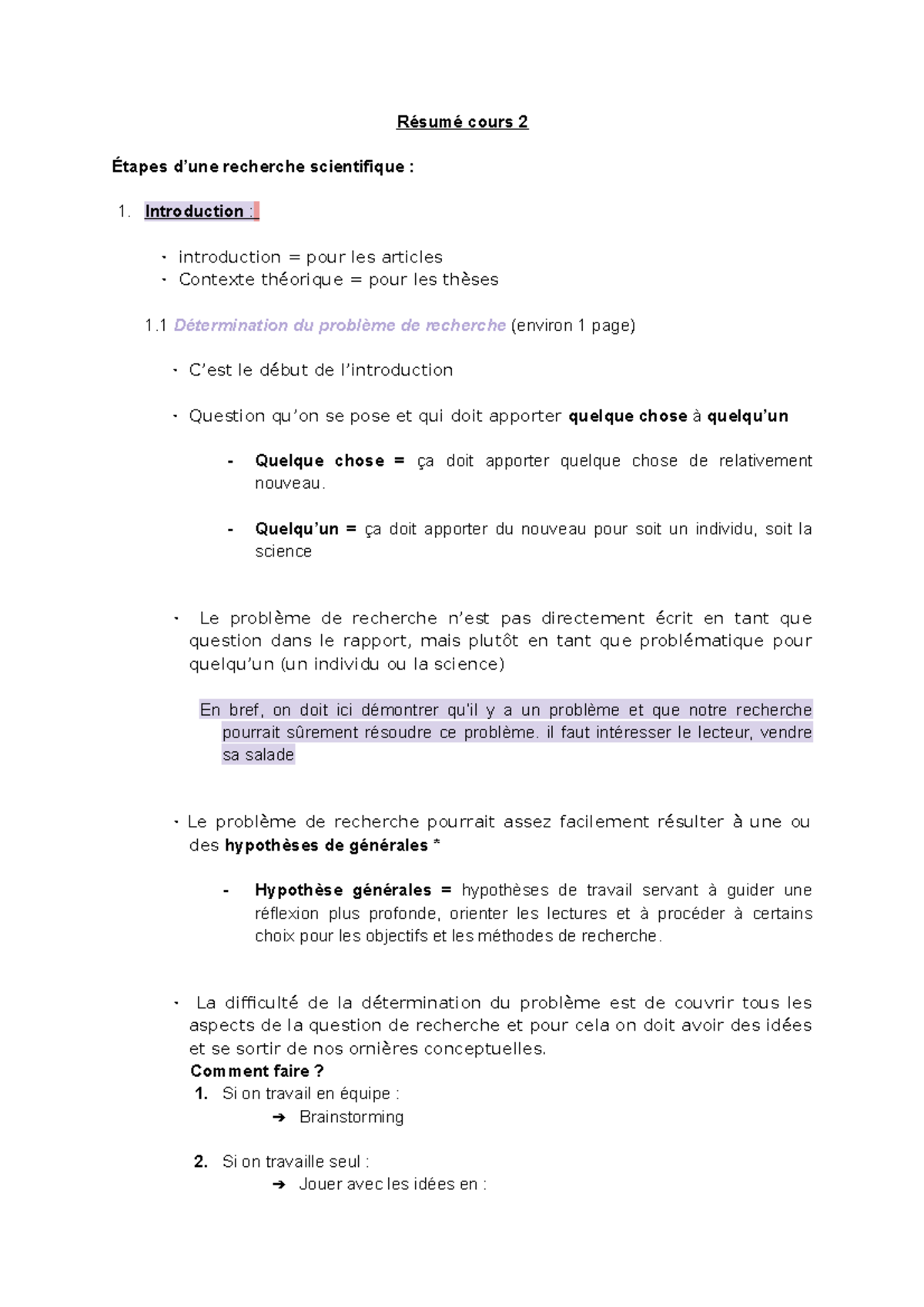 Résumé cours 2 - Étapes d’une recherche scientifique - Résumé cours 2 ...