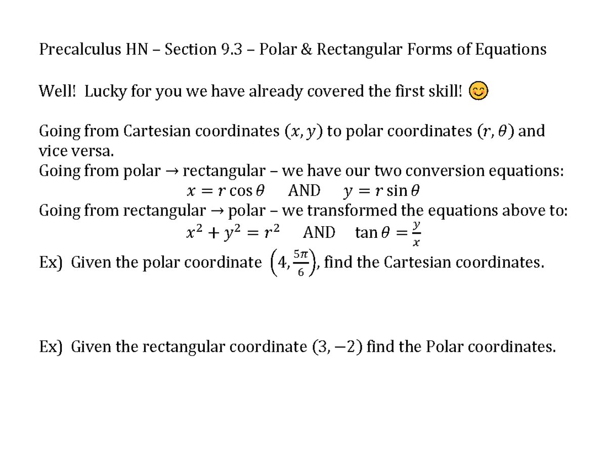 Section9 In Class Work Precalculus Hn Section 9 Polar And Rectangular Forms Of Equations 4168