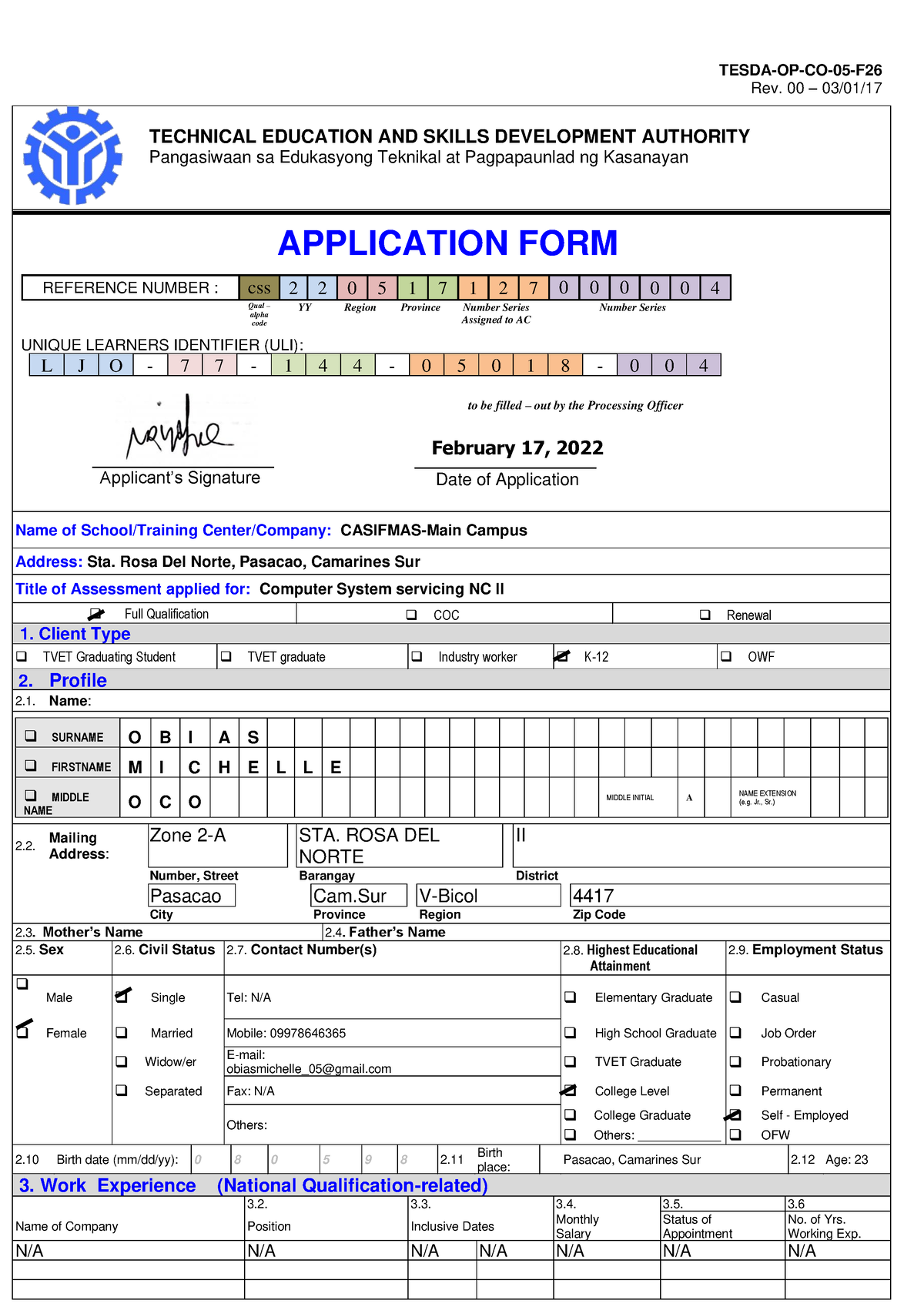 Sample Application Form 2 CCA TESDA OP CO 05 F Rev 00 03 01   Thumb 1200 1697 