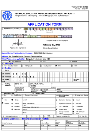 Sample Rating Sheets 1 in Conducting Competency Assessment - TESDA-OP ...