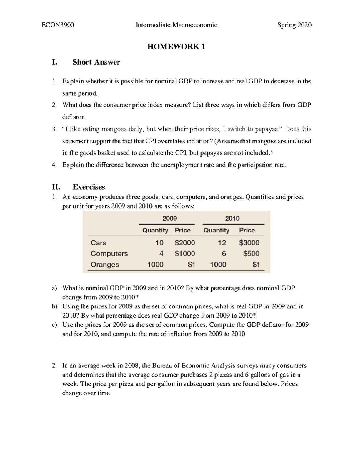 ECON3900 HW 1 SP20 - First Homework - ECON3900 Intermediate ...