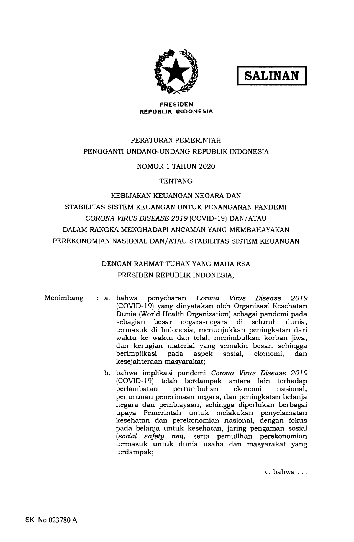 Perpu Nomor 1 Tahun 2020 - SATINAN PRESIDEN REPUBLIK INDONESIA ...