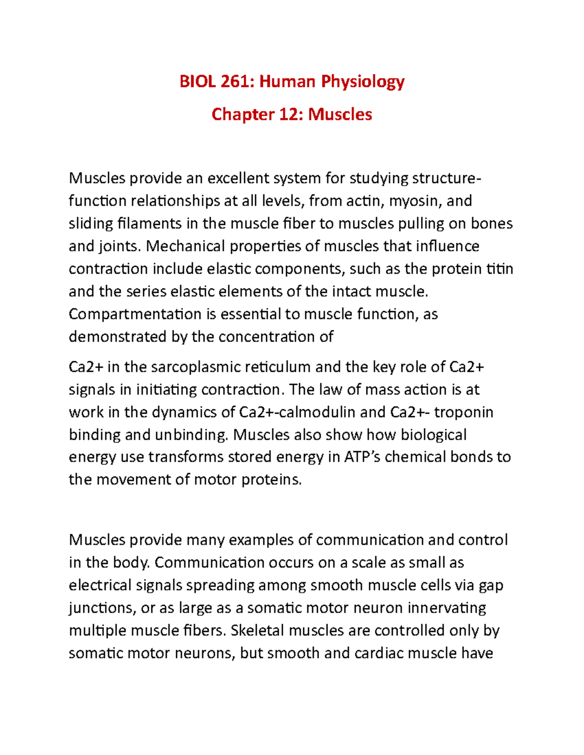 Human Physiology Ch 12 (Notes) - BIOL 261: Human Physiology Chapter 12 ...