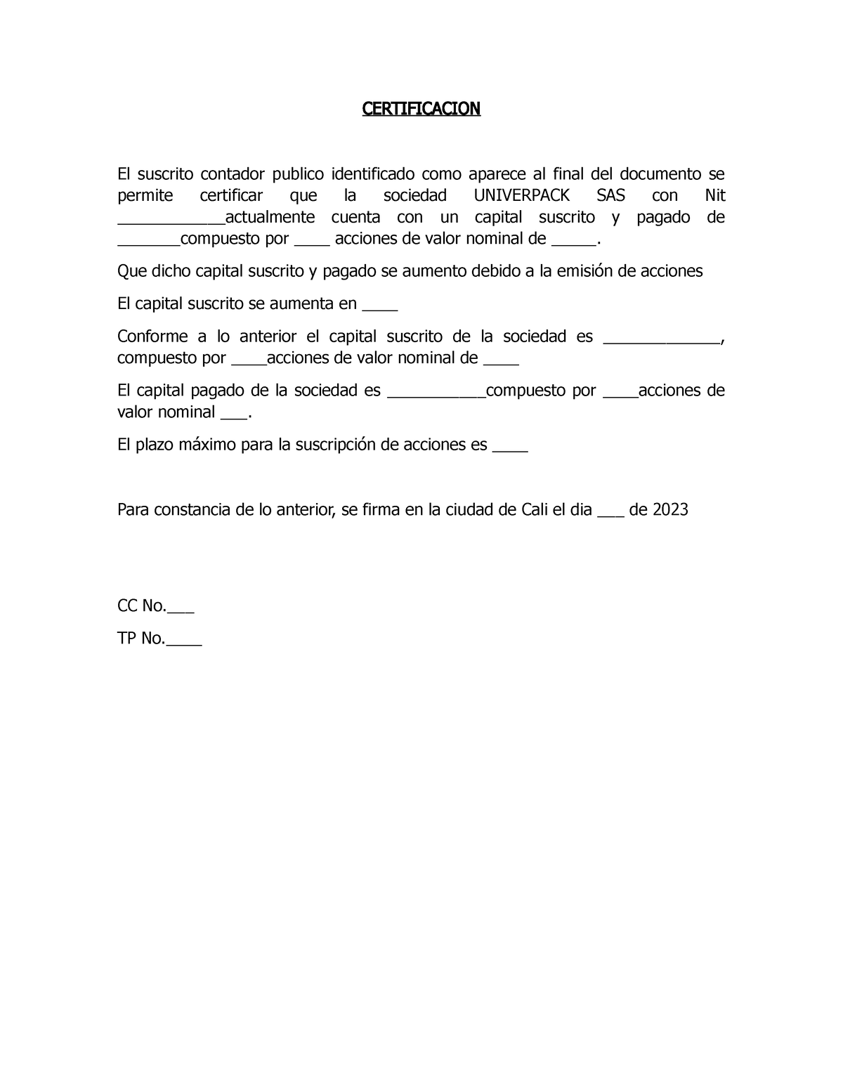 Certificacion Acciones Certificacion El Suscrito Contador Publico