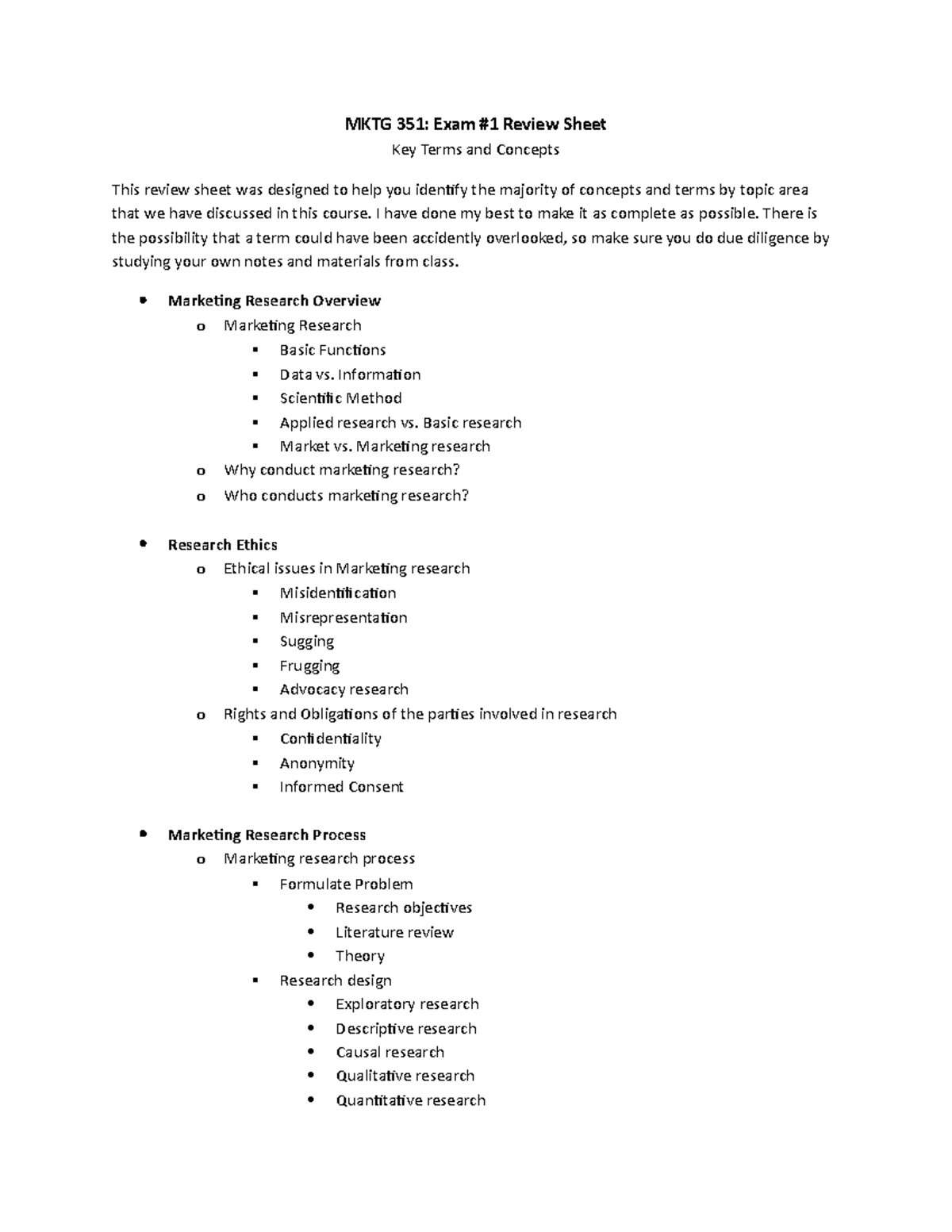 Exam #1 Term Review Sheet (MKTG 351) - MKTG 351: Exam #1 Review Sheet ...