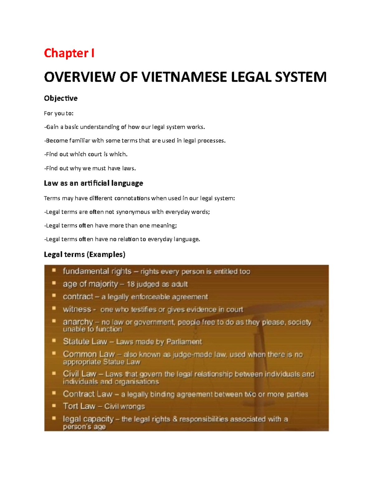 Chapter I PLDC Chapter I OVERVIEW OF VIETNAMESE LEGAL SYSTEM Objective For you to Gain a