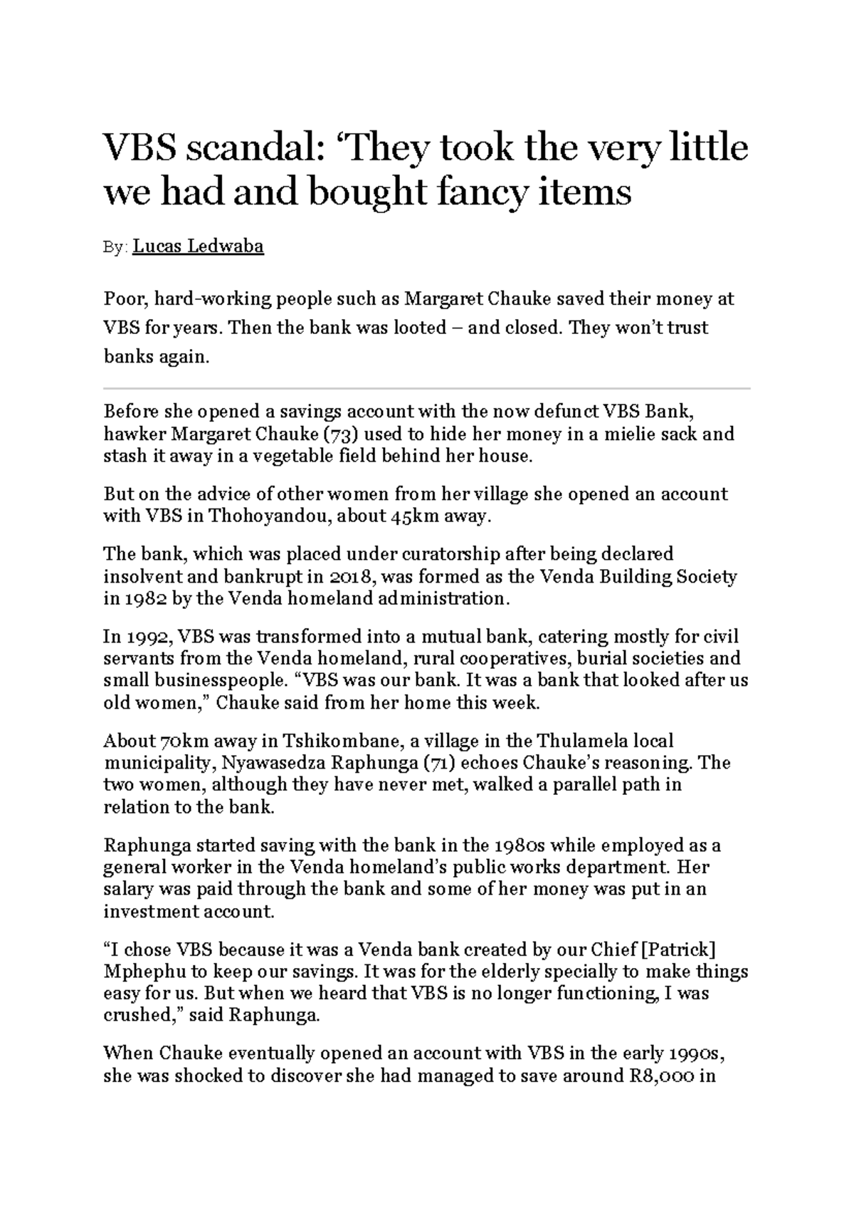 VBS scandal - Then the bank was looted – and closed. They won’t trust ...