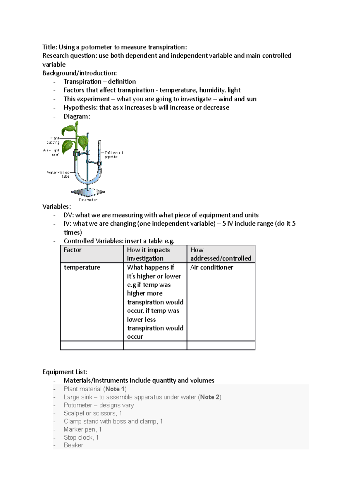 Potometer Prac Report Outline - Title: Using a potometer to measure ...