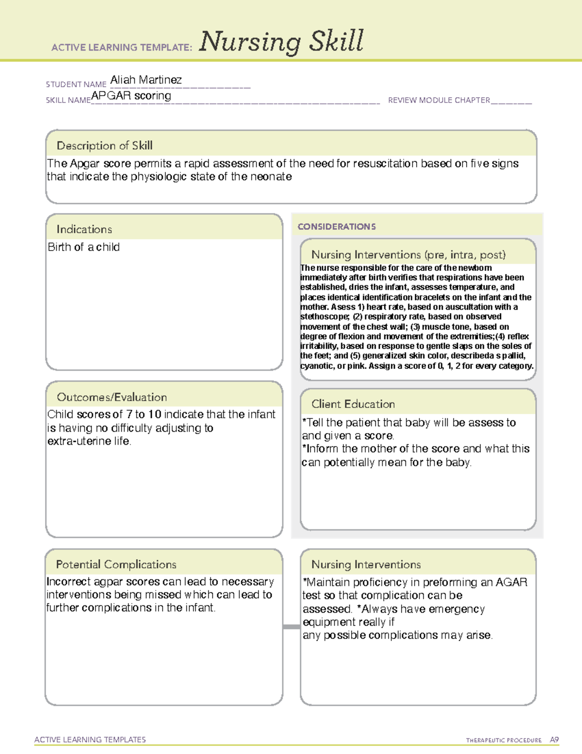 Apgar t1 - ACTIVE LEARNING TEMPLATES TherapeuTic procedure A Nursing ...