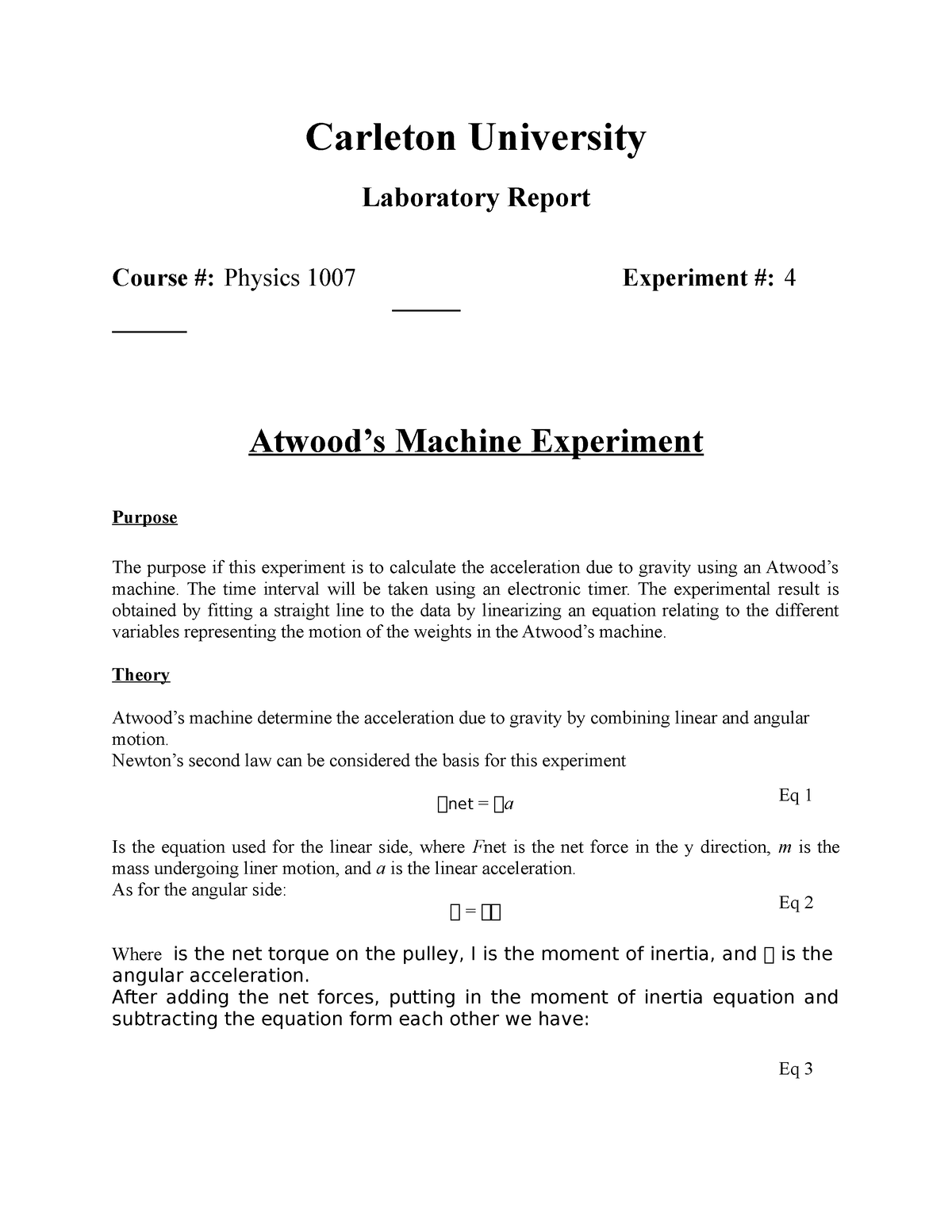 Atwood's machine lab Carleton University Laboratory Report Course