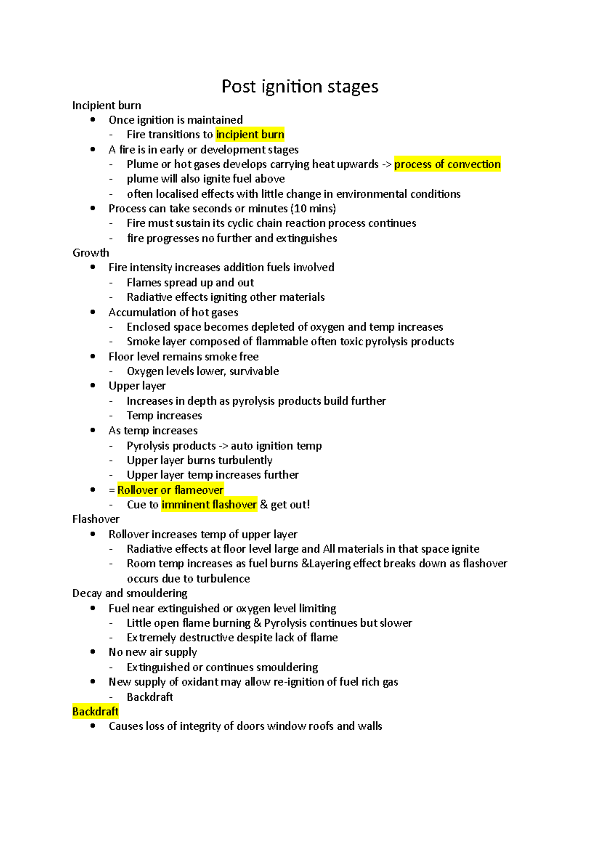 Post ignition stages Post ignition stages Incipient burn Once