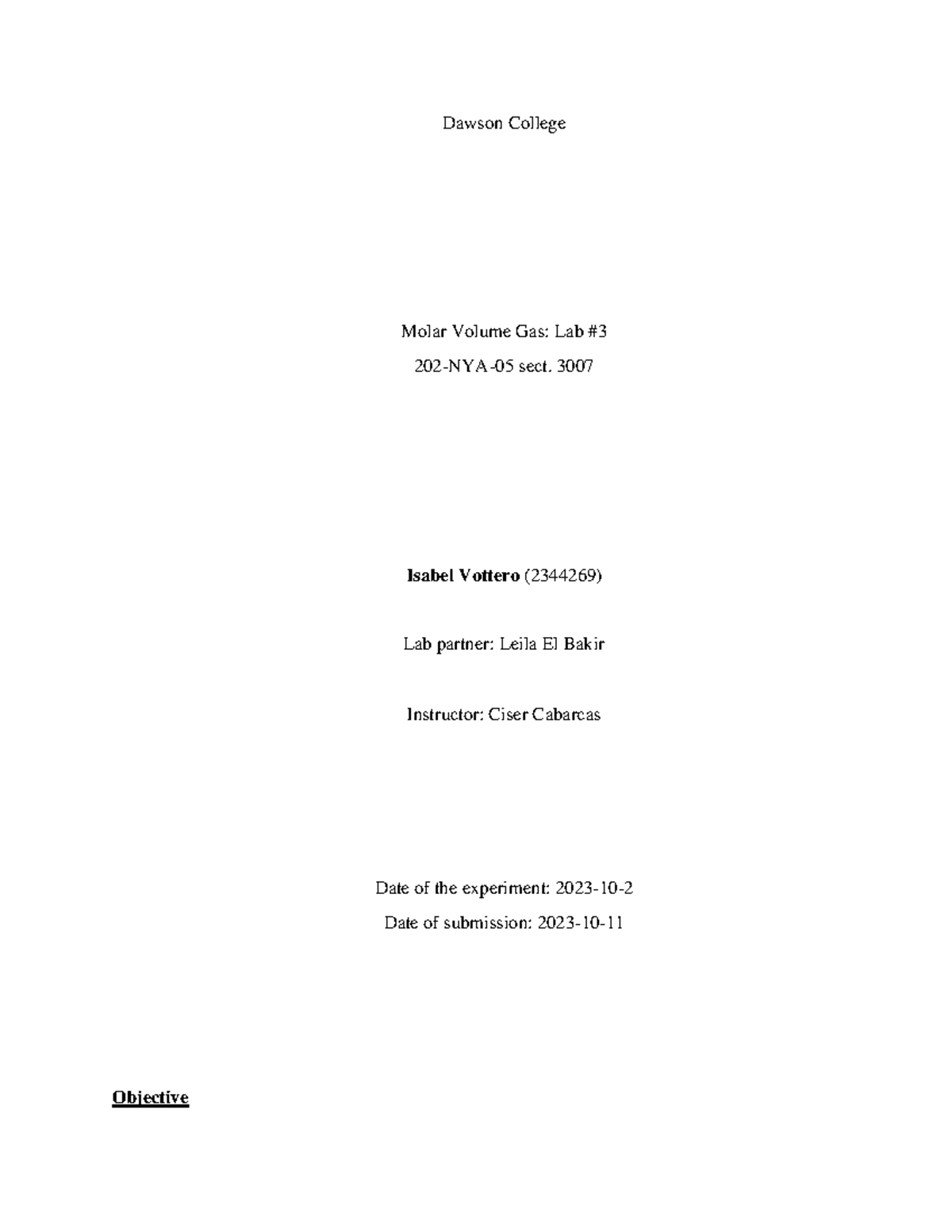 Molar Volume of a Gas Lab3 Dawson College Molar Volume Gas Lab 202 NYA05 sect. 3007