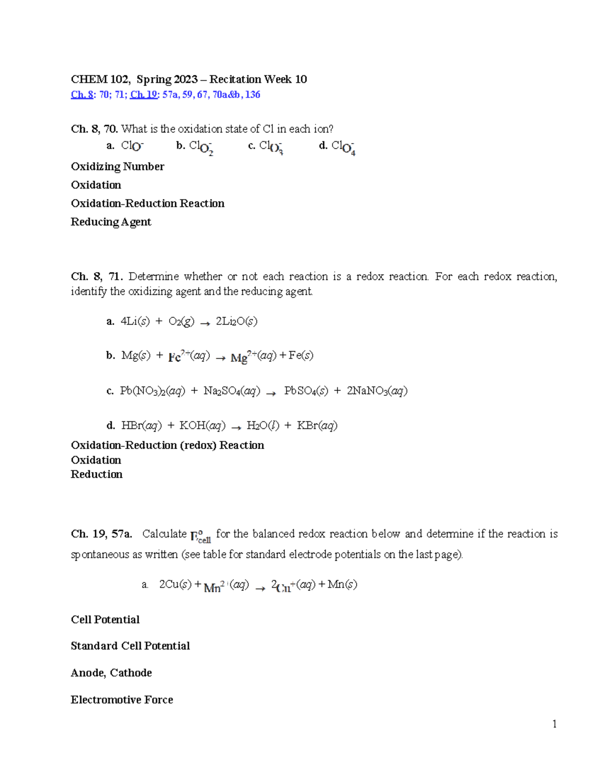 CHEM 102 Recitation Week10 Sp23 - CHEM 102, Spring 2023 – Recitation ...