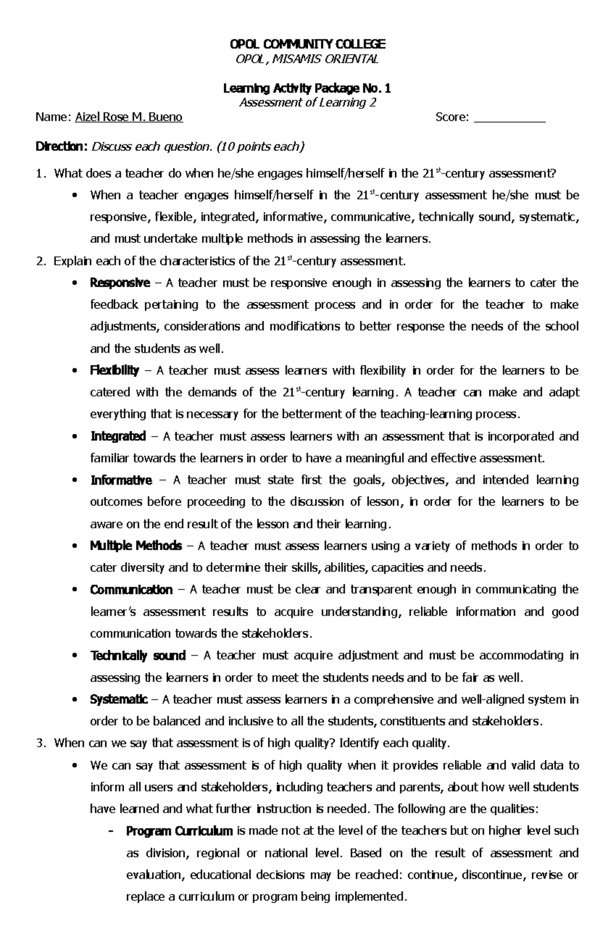 LAP No. 1-Assessment of Learning 2 - OPOL COMMUNITY COLLEGE OPOL ...
