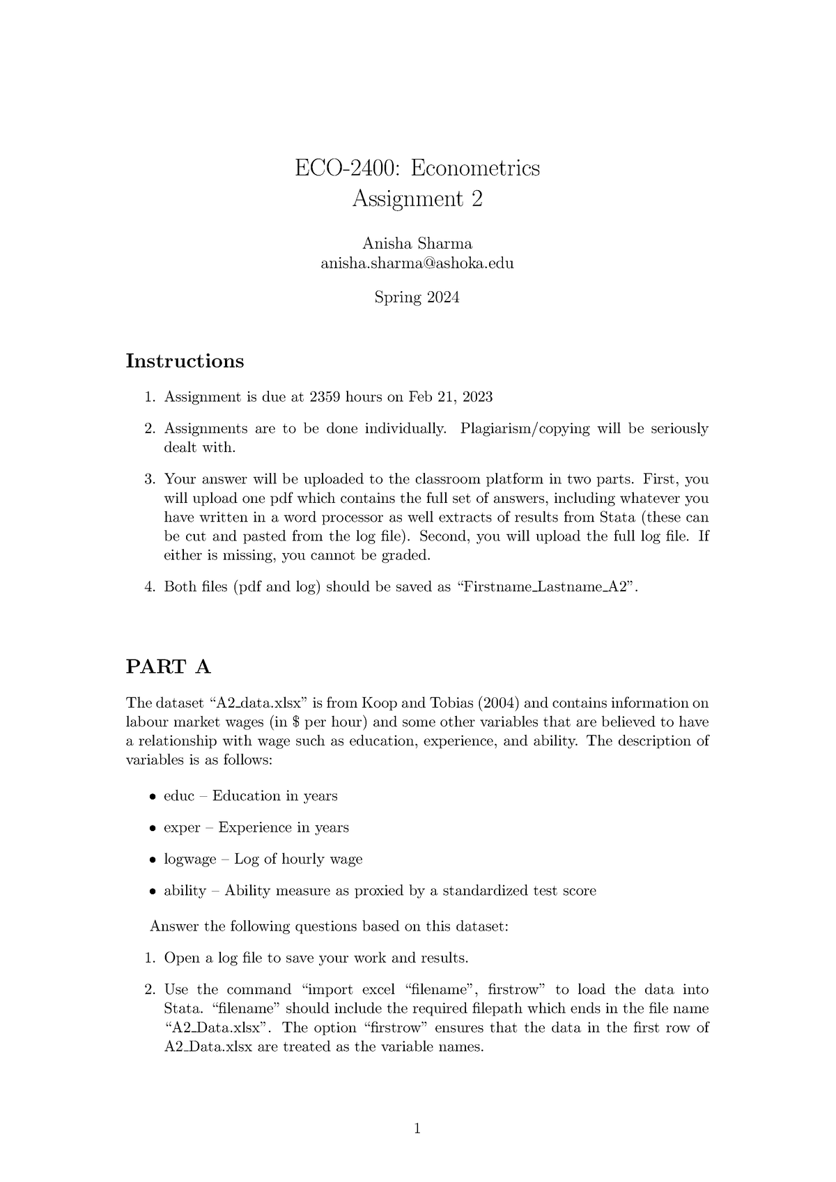 econometrics stata assignment