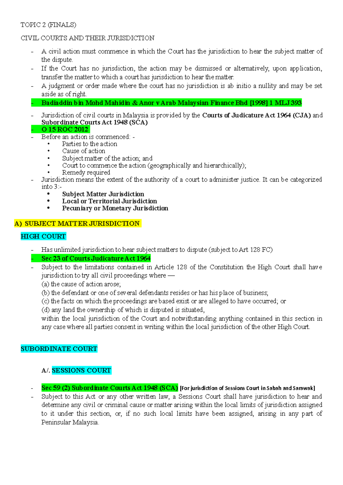 Topic 2 Civil 1 Topic Finals Civil Courts And Their Jurisdiction Civil Action Must Commence In Which The Court Has The Jurisdiction To Hear The Subject Studocu