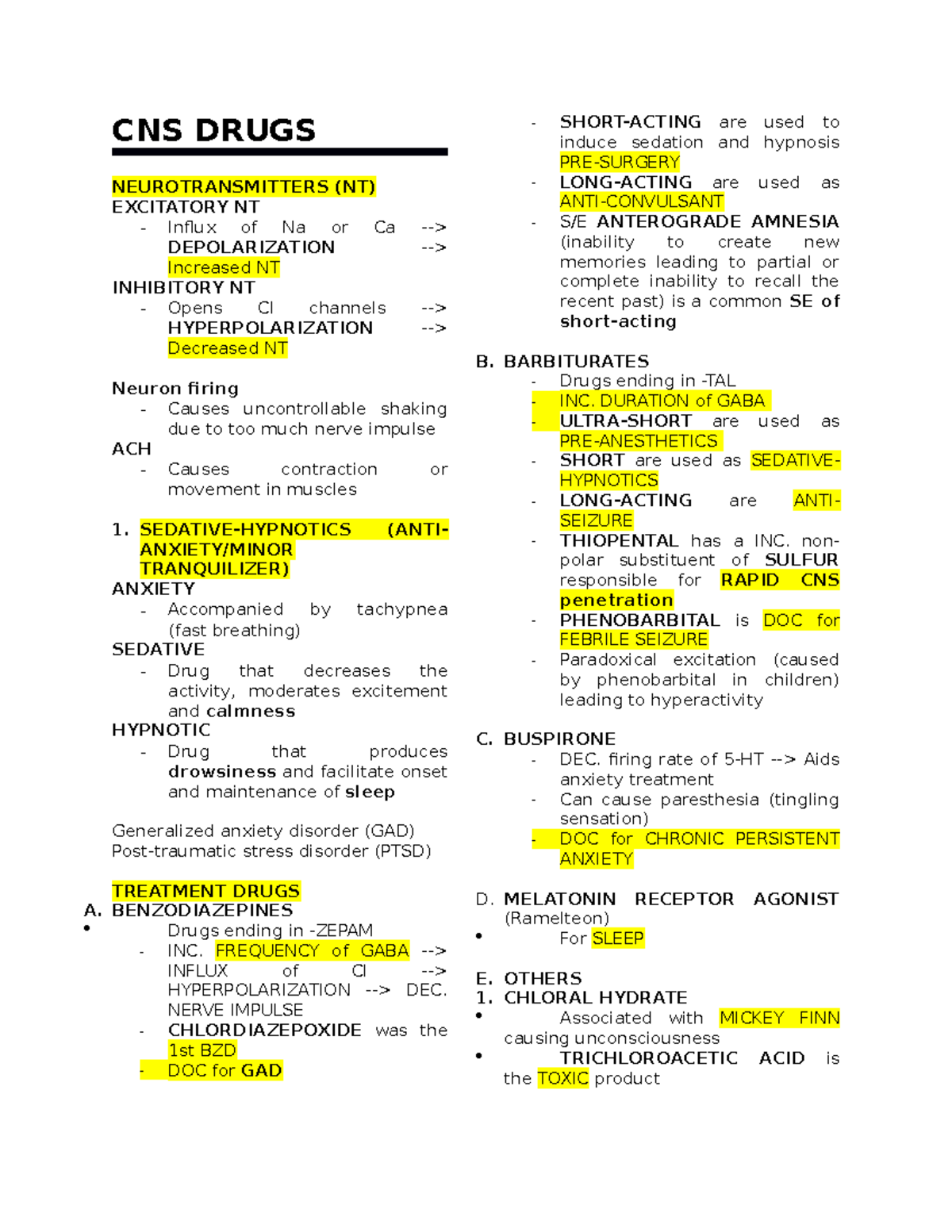 Lecture Notes on CNS Drugs - Pharmacology 1 - OLFU - Studocu