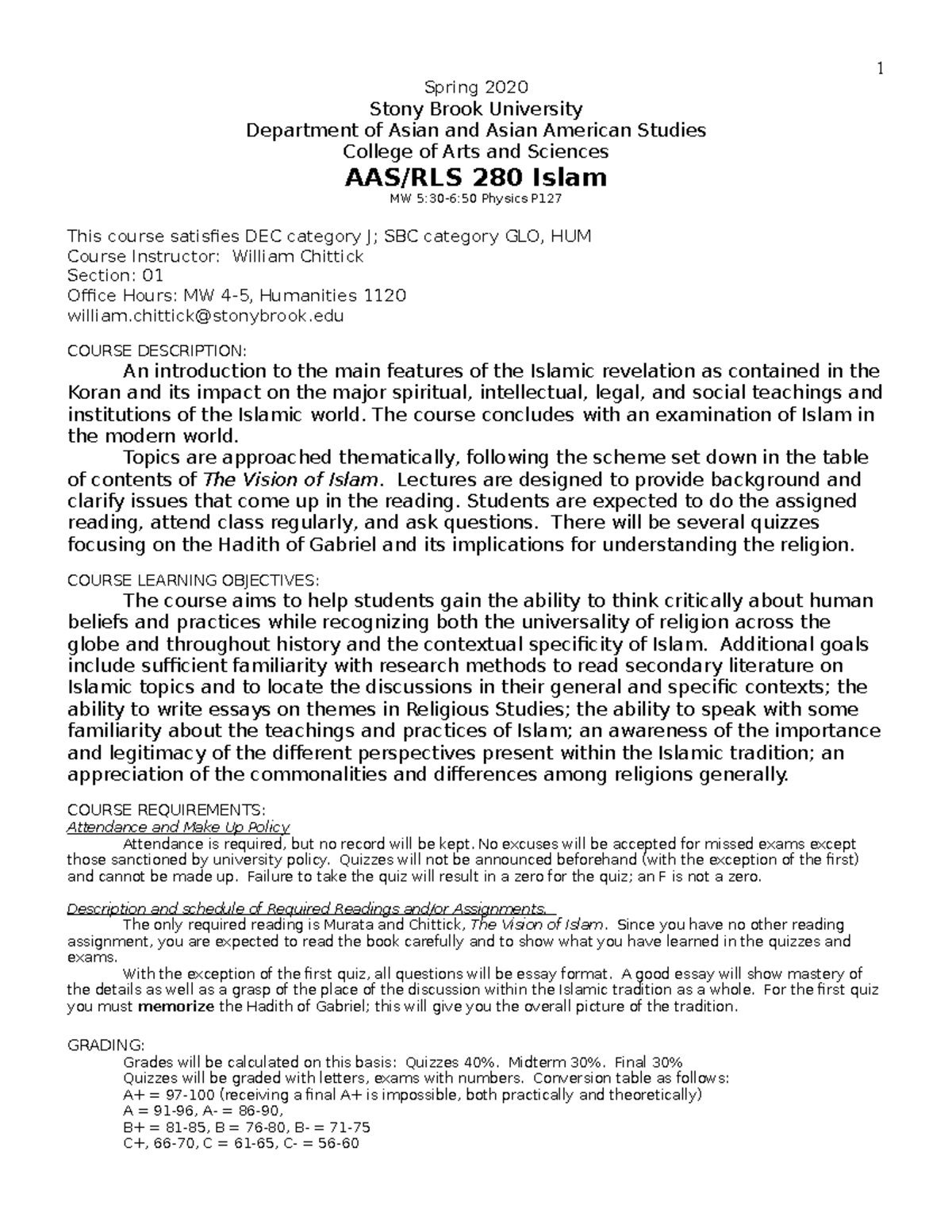 280-20S Syllabus - Spring 2020 Stony Brook University Department of ...