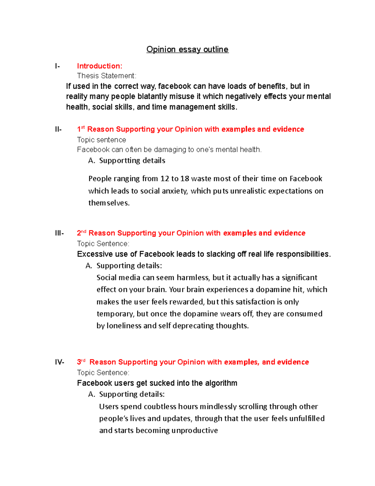 how to write an outline for an opinion essay