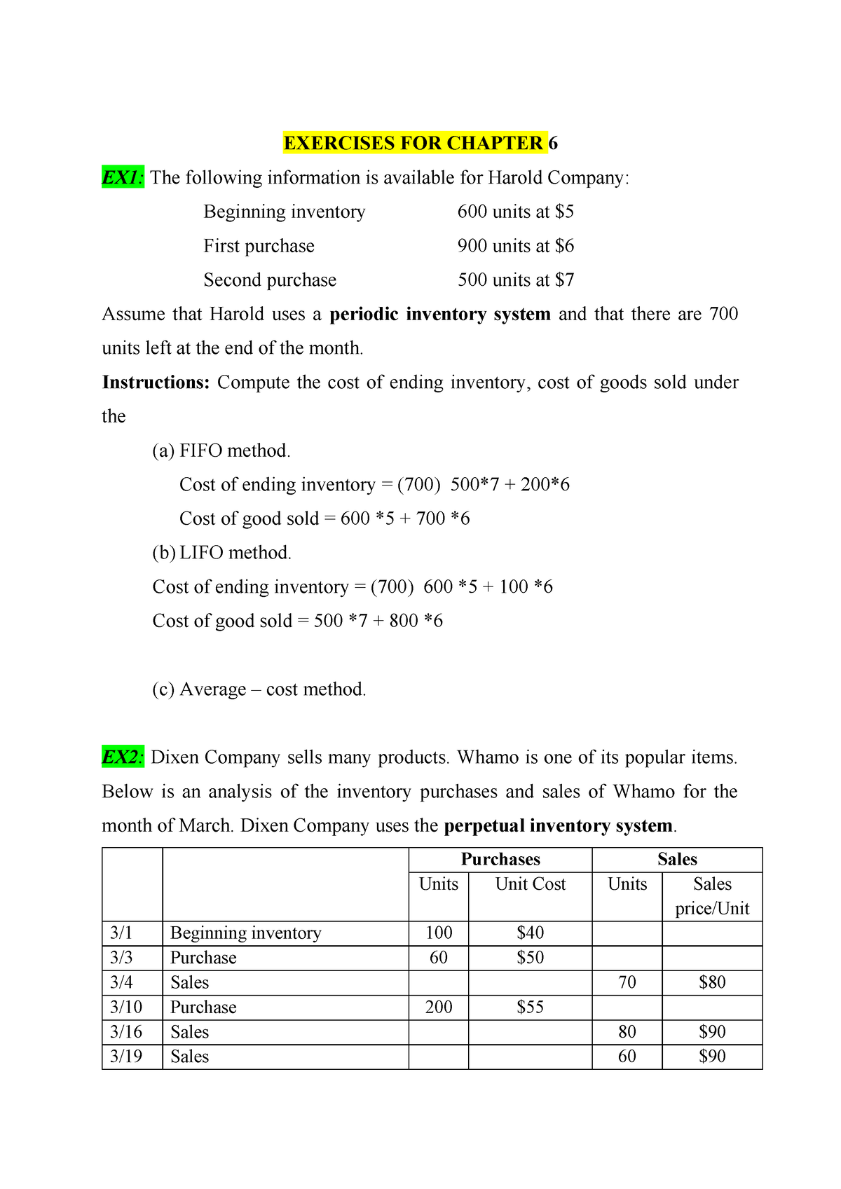 BT chapter 6 - trert - EXERCISES FOR CHAPTER 6 EX1: The following ...