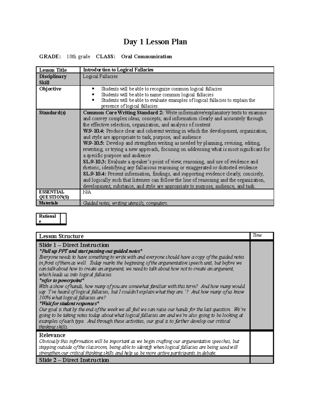 TCH 216 Microteaching LP - Day 1 Lesson Plan GRADE: 10th Grade CLASS ...