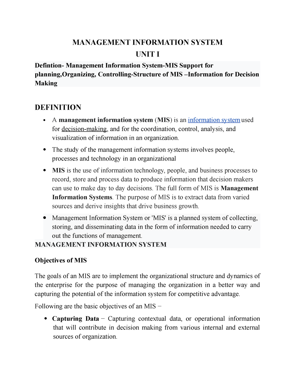 MIS Notes - MANAGEMENT INFORMATION SYSTEM UNIT I Defintion- Management ...