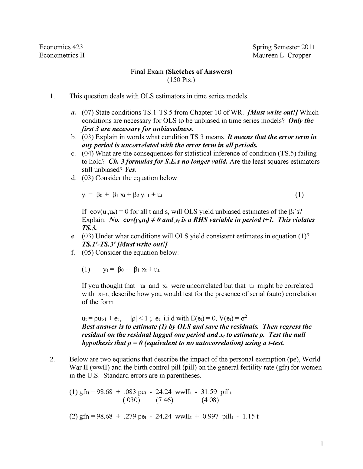 Final Exam 2011 With Answers 3 - Economics 423 Spring Semester 2011 ...