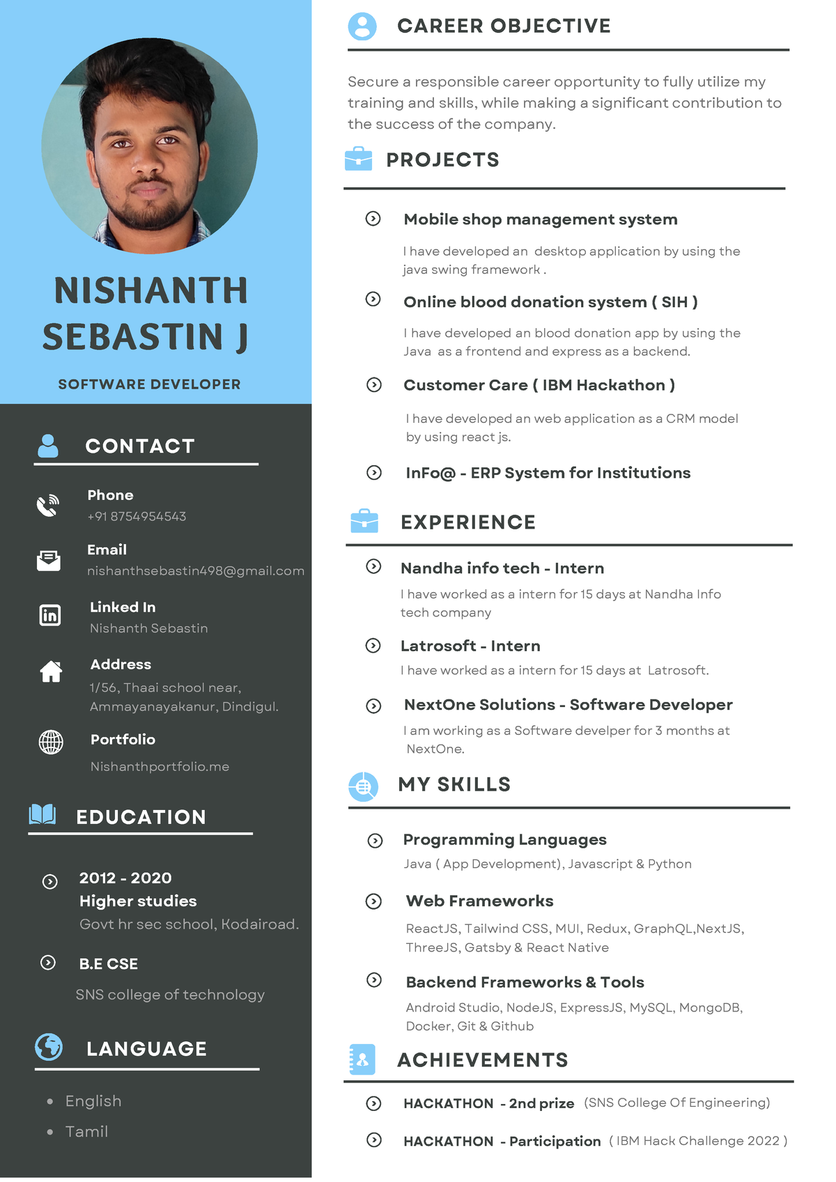 Resume Permenent - nil - PROJECTS SOFTWARE DEVELOPER NISHANTH SEBASTIN ...