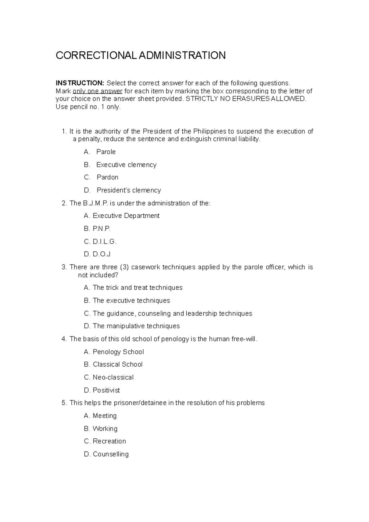 Questions It will help the students CORRECTIONAL ADMINISTRATION