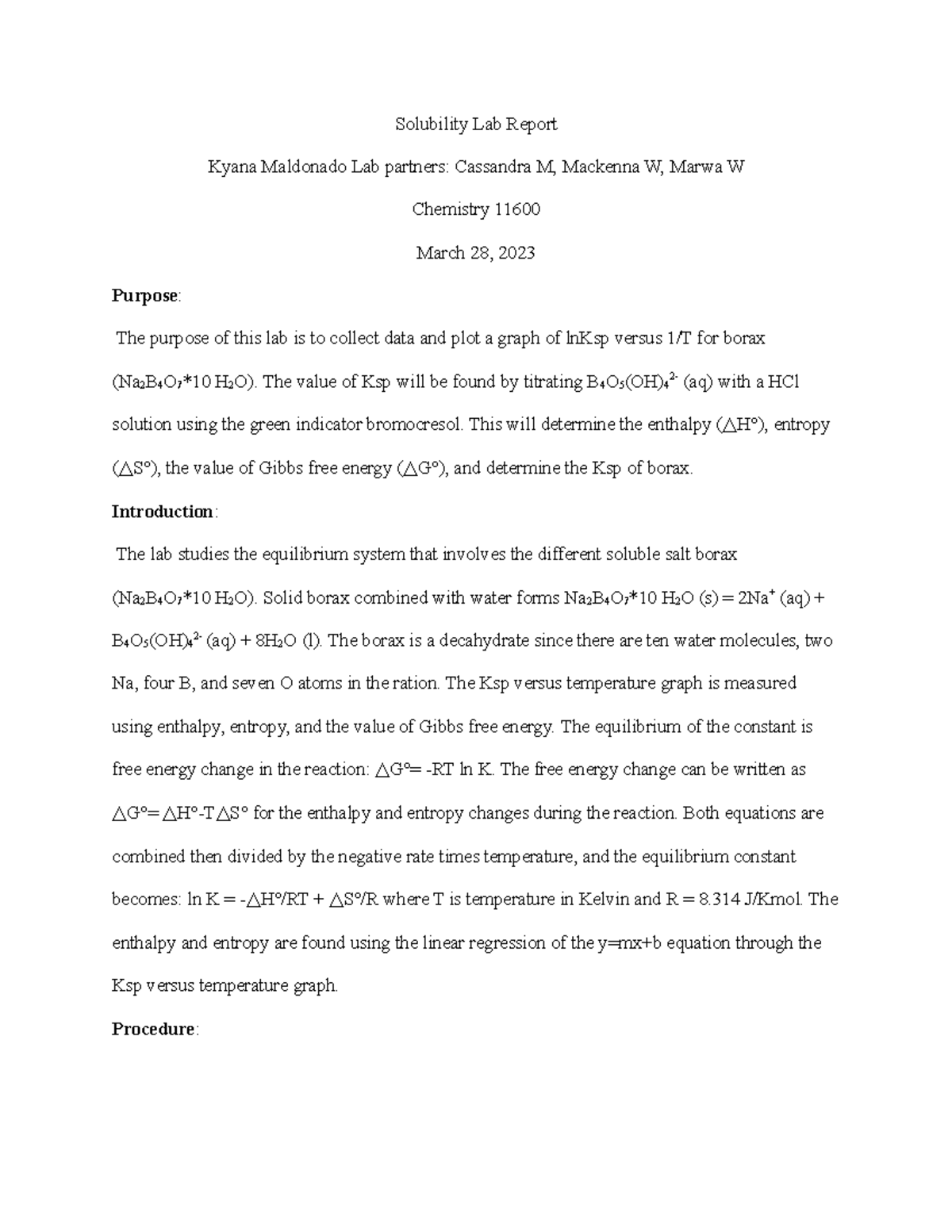 Solubility I And Ii Lab Report Solubility Lab Report Kyana Maldonado