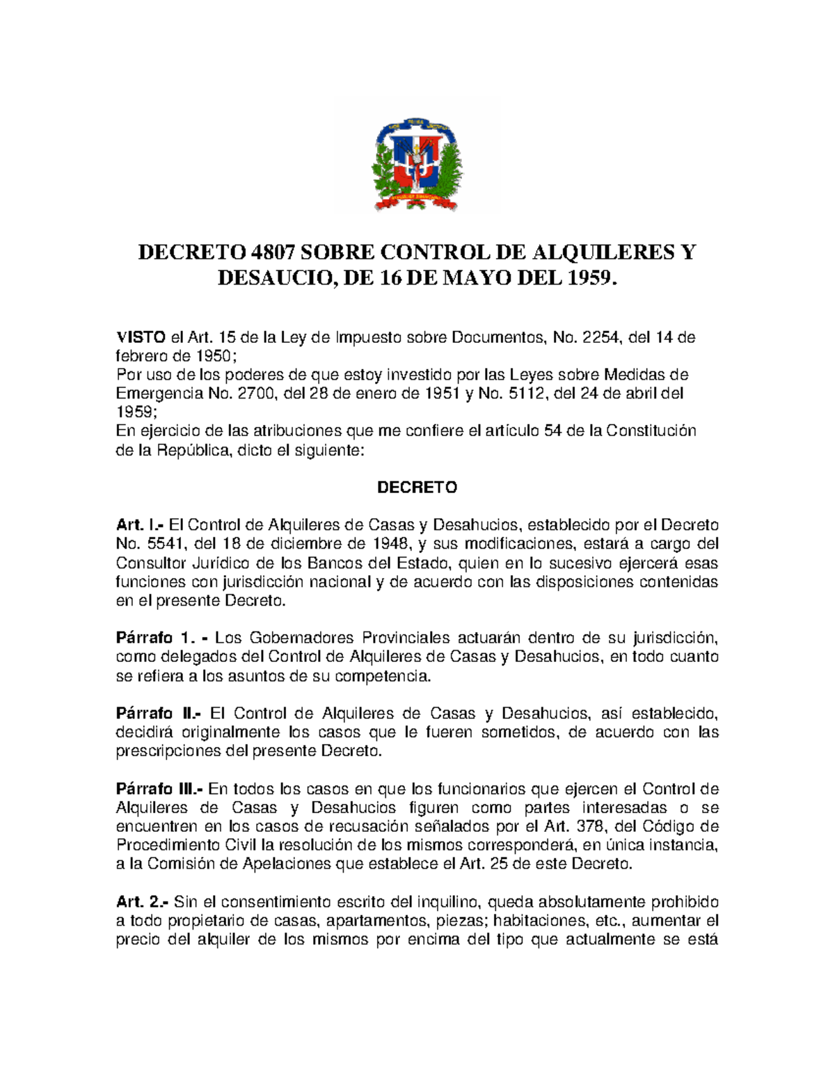 Decreto 48-07 - Hola - DECRETO 4807 SOBRE CONTROL DE ALQUILERES Y ...