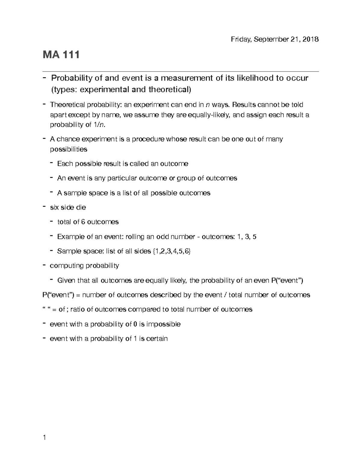 MA 111 Probability PDF - Friday, September 21, 2018 MA 111 ...