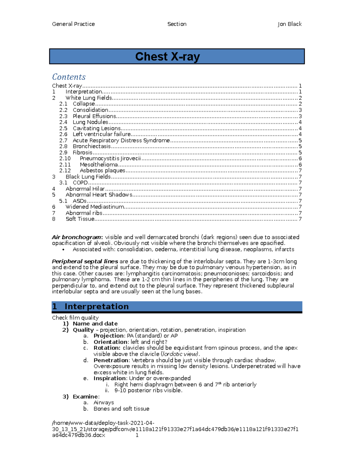 Chest Xray Sheet General Practice Section Jon Black Chest Xray