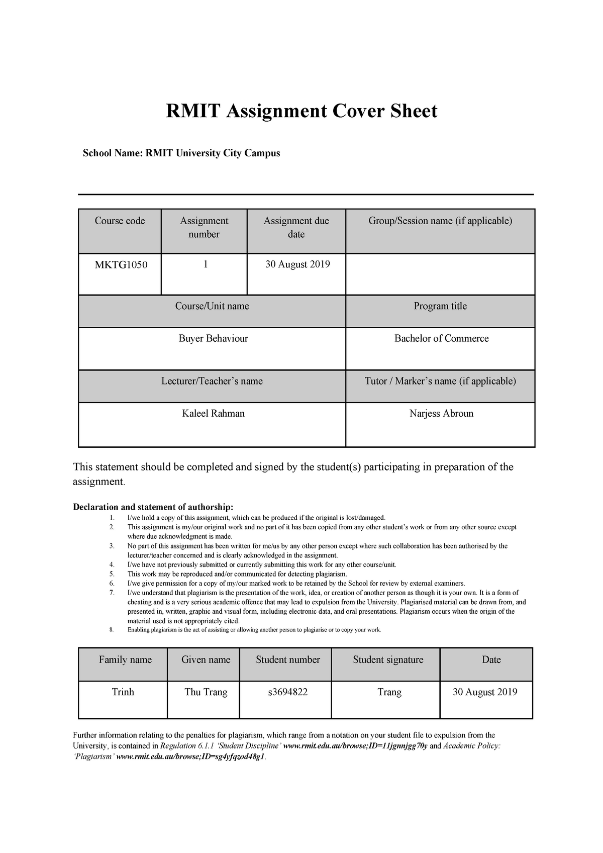assignment cover sheet rmit