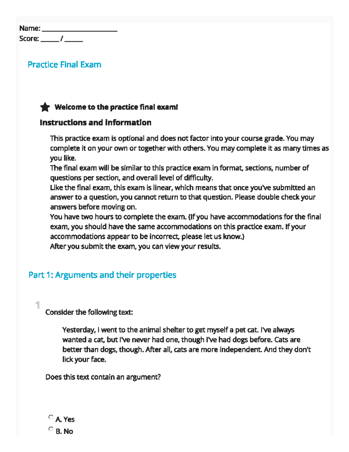 Practice Final Exam 2022-3 - Name: Score: Practice Final Exam Welcome ...